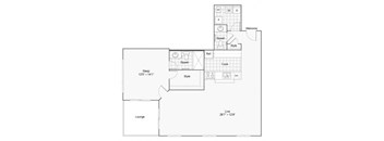 A floor plan of a living space with a sleeping area, lounge, and kitchen.