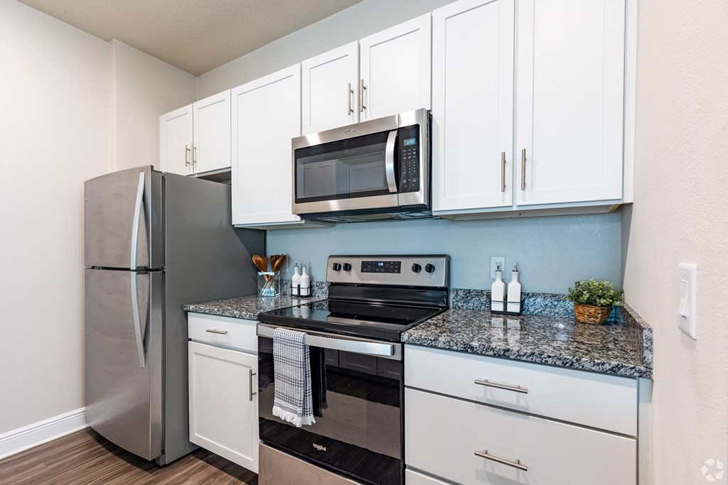 A kitchen with a refrigerator, microwave, oven, and dishwasher.
