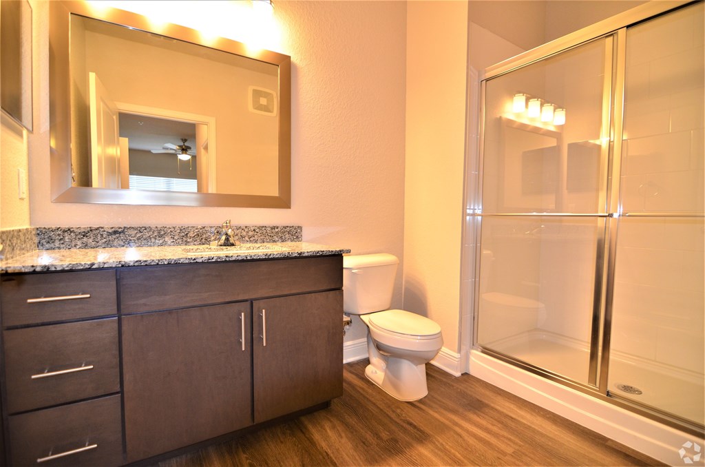 A bathroom with a marble countertop and a large mirror.