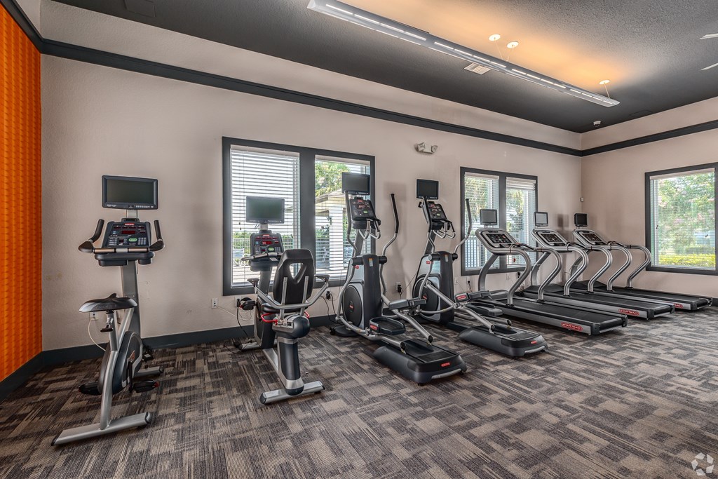 A gym with a variety of cardio equipment including treadmills, stationary bikes, and elliptical machines.