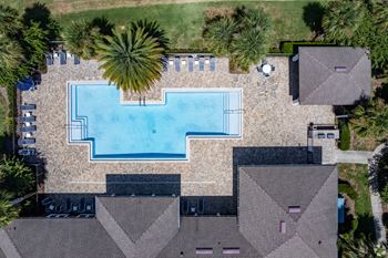 A swimming pool surrounded by a brick wall and palm trees.