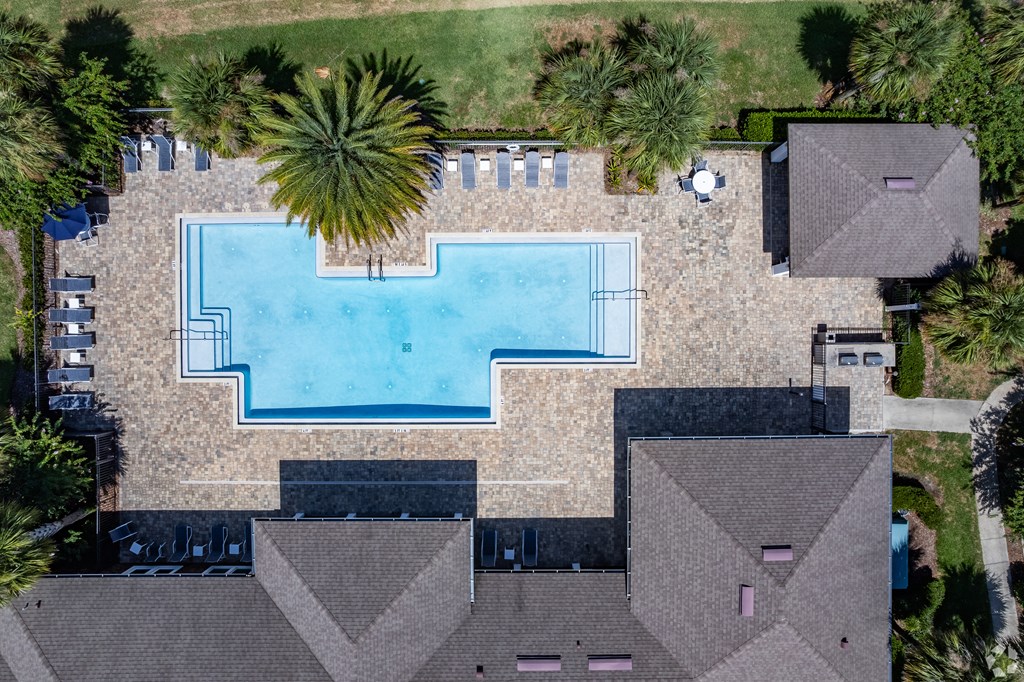 A swimming pool surrounded by a brick wall and palm trees.