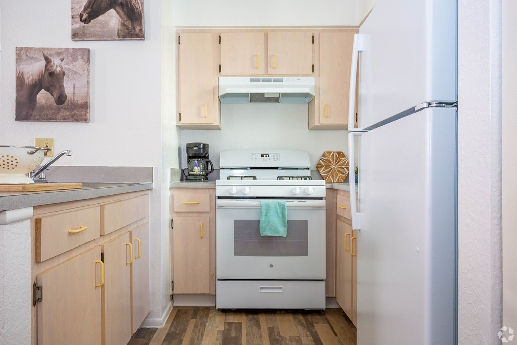 A kitchen with a white fridge, white stove, and wooden cabinets.