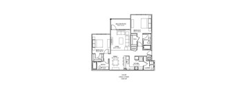 A black and white image of a floor plan for a 2 bedroom, 2 bathroom apartment.