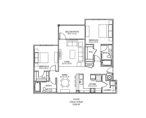 A black and white image of a floor plan for a 2 bedroom, 2 bathroom apartment.