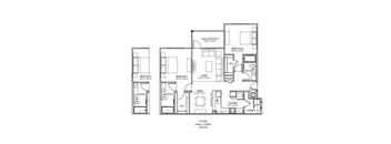 A floor plan of a two bedroom apartment with two bathrooms and a living area.