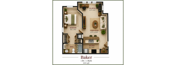 A floor plan of a home with a living room, kitchen, bathroom, and bedroom.