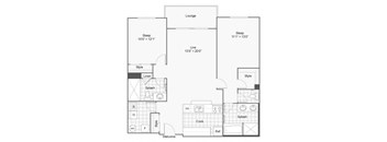 A floor plan of a two bedroom apartment with a lounge.
