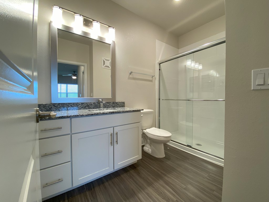 A bathroom with a marble countertop and a walk-in shower.