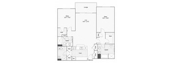A floor plan of a house with two bedrooms, a lounge, a kitchen, a bathroom, a living room, and a dining area.