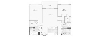 A floor plan of a house with a lounge, bedrooms, a kitchen, and a bathroom.
