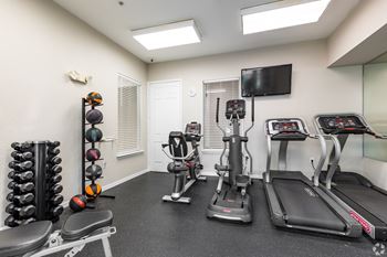 A gym with a treadmill, exercise bike, and weights.