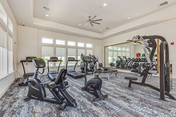 A spacious gym with a variety of exercise equipment.