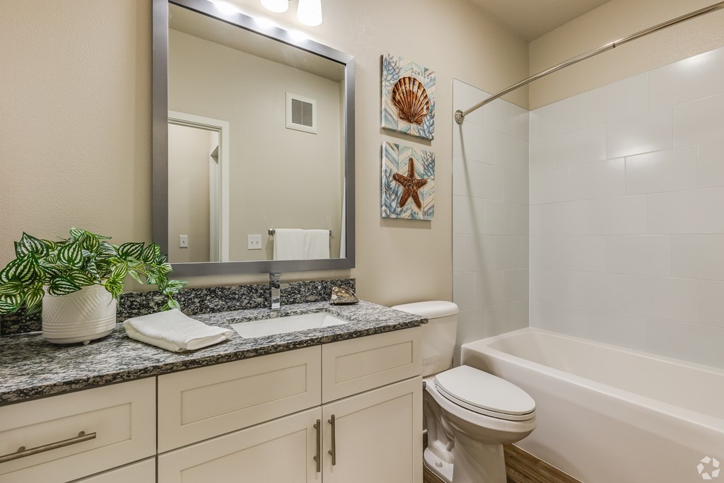 A bathroom with a white toilet, a sink, a mirror, and a bathtub.