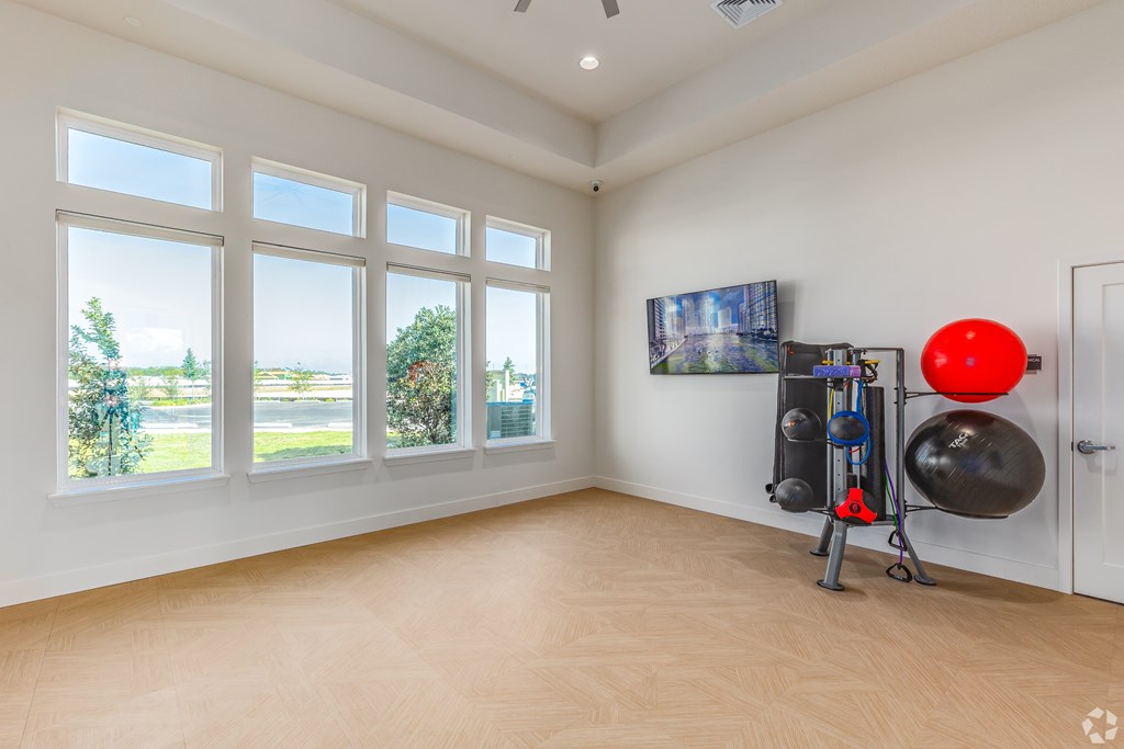 A room with a large window, a TV, and exercise equipment.