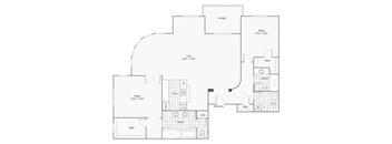 A floor plan of a house with a lounge, two bedrooms, a bathroom, a kitchen, a living room, and a dining room.