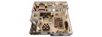 A 3D floor plan of a house with a living room, dining room, kitchen, and bedrooms.