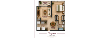 A floor plan of a one-bedroom apartment named Clayton, featuring a living room, kitchen, dining room, and bathroom.