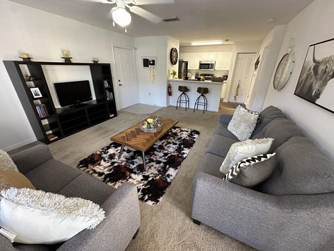 A living room with a grey couch and a wooden coffee table.