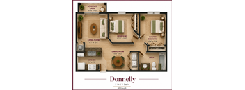 A floor plan of a 2 bedroom, 1 bathroom apartment named Donnelly.