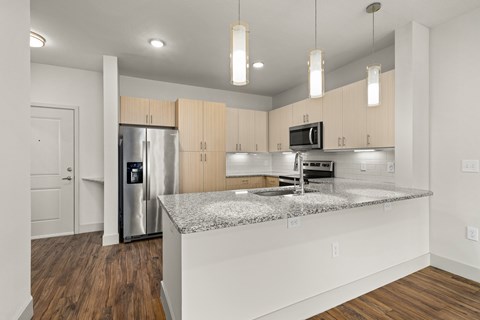 A kitchen with a granite countertop and stainless steel appliances.