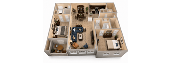 A 3D floor plan of a house with multiple rooms and furniture.