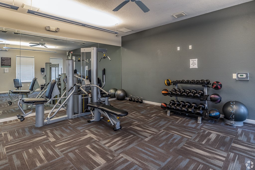 A gym with a variety of equipment and weights.