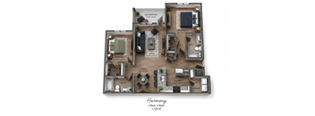 A floor plan of a two bedroom, two bath apartment with Harmony.