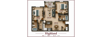 A floor plan of a Highland apartment with two bedrooms, two bathrooms, and a living room.