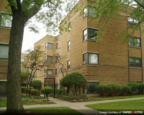 A brick apartment building with a tree in the front yard.