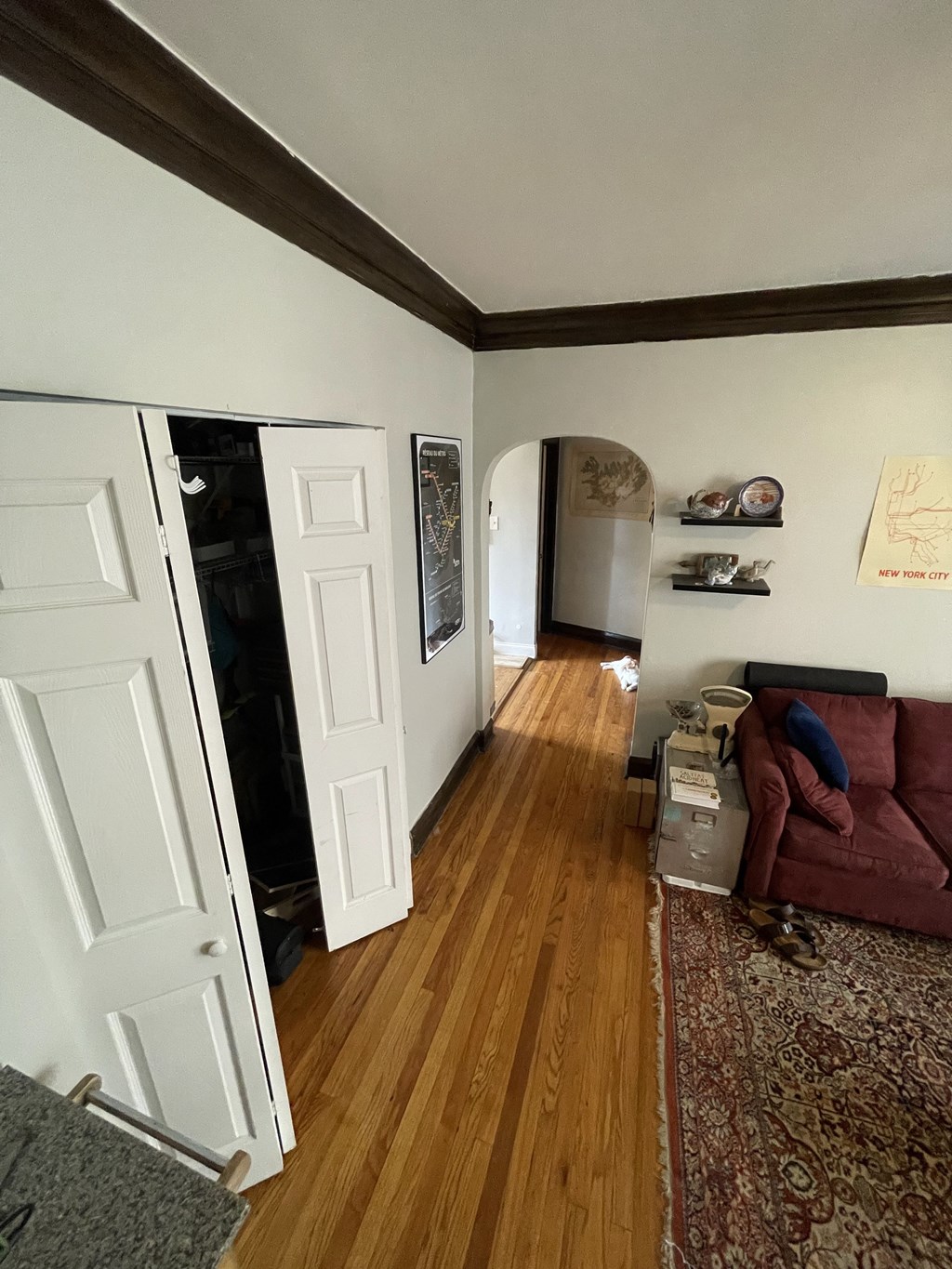 A living room with a couch and a rug.