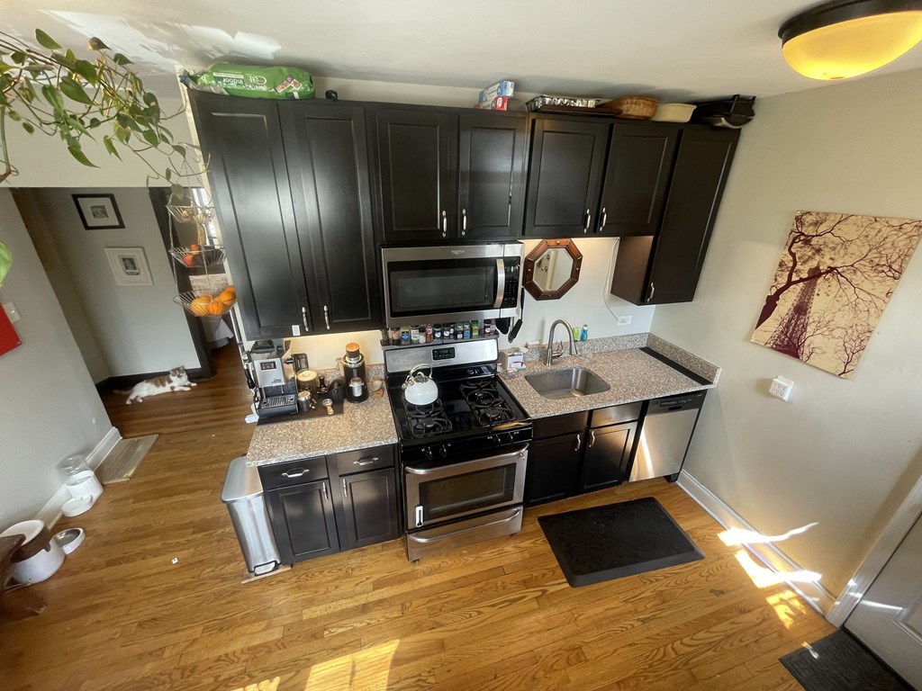 A kitchen with black cabinets and a wooden floor.
