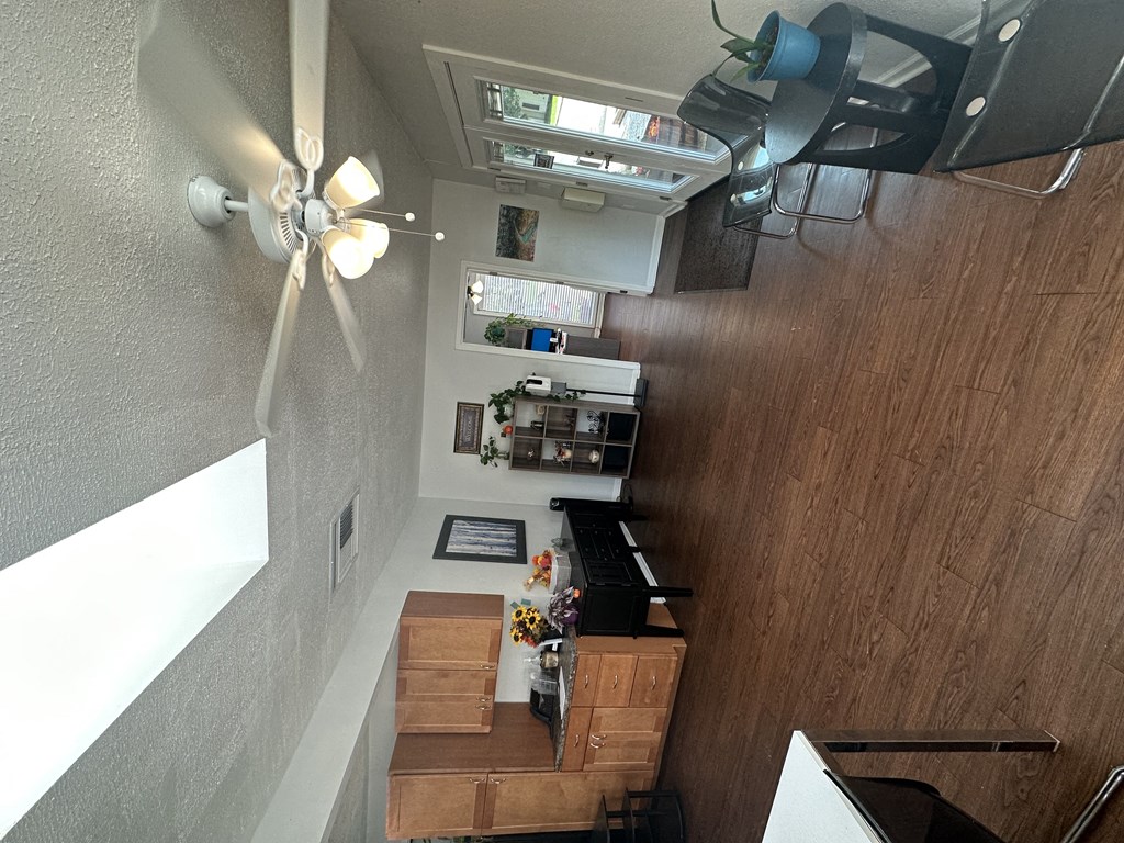 arial view of the kitchen and living room