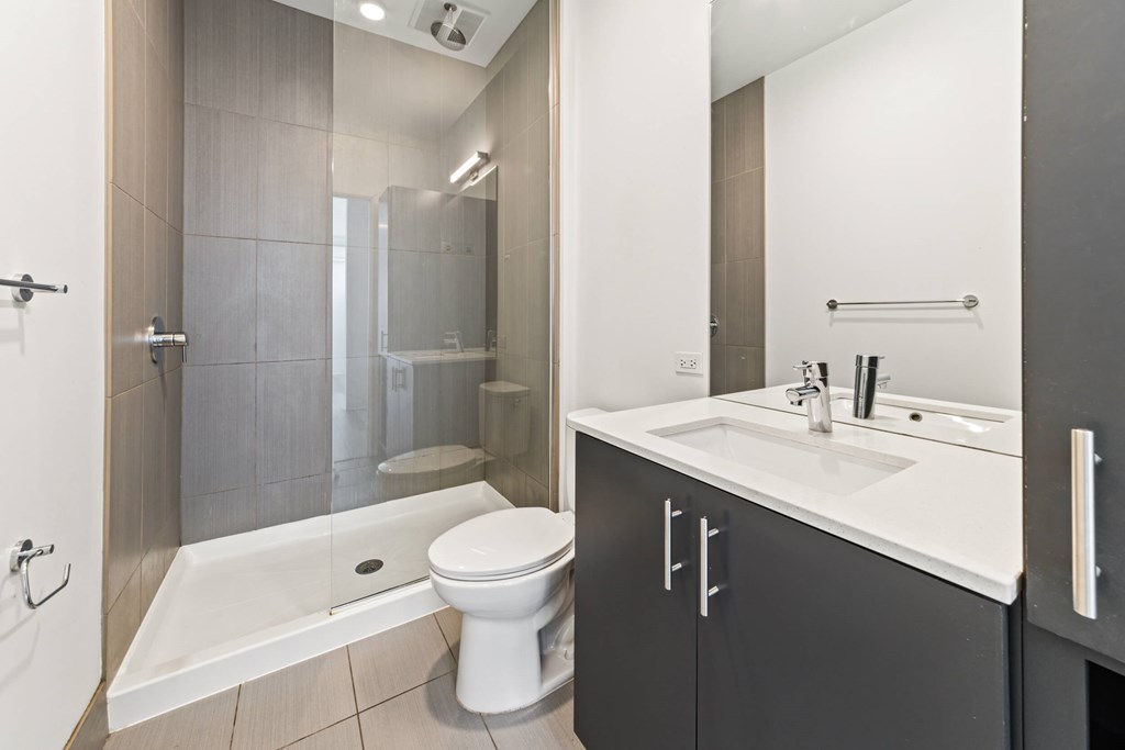 A modern bathroom with a white toilet and a walk-in shower.
