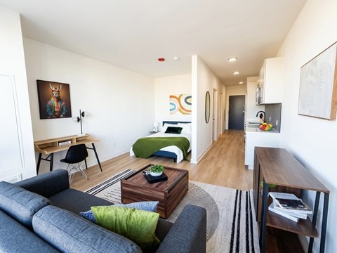 A living room with a grey couch and a green pillow.