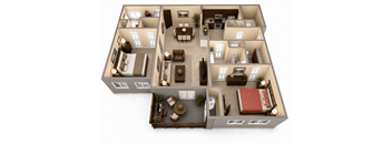 A 3D rendered image of a house layout.