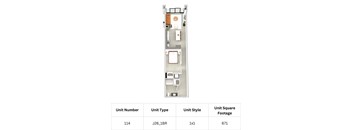 A floor plan of a unit with a table, chairs and a kitchenette.