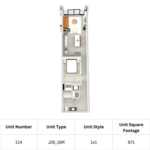 A floor plan of a unit with a table, chairs and a kitchenette.