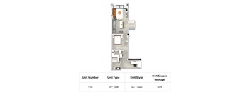 A floor plan of a building with a unit number, unit type, unit style, and unit square footage.