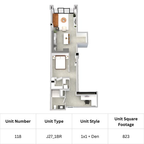 A floor plan of a building with a unit number, unit type, unit style, and unit square footage.