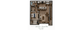 A floor plan of a second floor apartment with a bedroom, bathroom, laundry room, kitchen, living room, dining room, and cloakroom.