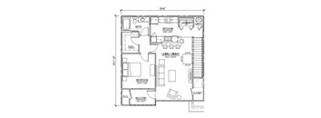 A floor plan of a small apartment with a bedroom, living room, kitchen, and bathroom.