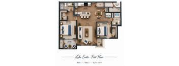 A floor plan of a home with two bedrooms, two bathrooms, a living room, a dining room, a kitchen, and a balcony.