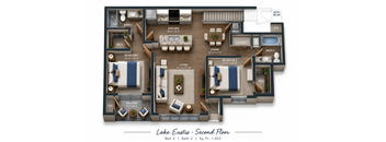 A floor plan of a two bedroom, two bathroom apartment.
