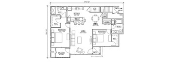 A floor plan of an apartment with two bedrooms, a living room, a kitchen, a dining room, a bathroom, a balcony, and an entry unit above.