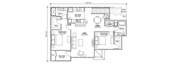 A floor plan of a two bedroom apartment with a balcony.