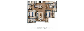 A floor plan of a first-floor apartment at Lake Eustis, featuring two bedrooms, two bathrooms, a living room, and a kitchen.