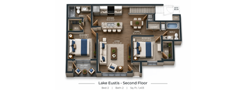 A floor plan of a two bedroom apartment with a living room, dining room, kitchen, and bathrooms.