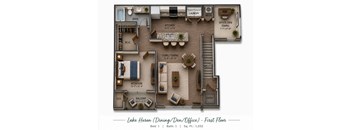 A floor plan of a first floor apartment with a bedroom, bathroom, kitchen, living room, dining room, and office space.