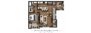 A floor plan of a second floor apartment with a bedroom, living room, kitchen, and bathroom.
